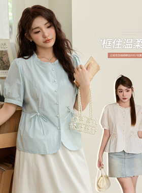 法式拼接泡泡袖蝴蝶结衬衫女胖mm大码女装宽松抽绳收腰上衣63918