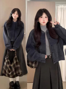 正肩棒球服外套短款卫衣女小香风早秋冬季韩系chic穿搭一整套套装