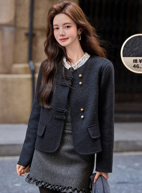 【专柜大清仓】&白鹿语秋冬羊毛混纺圆领女式双面呢大衣BX20185