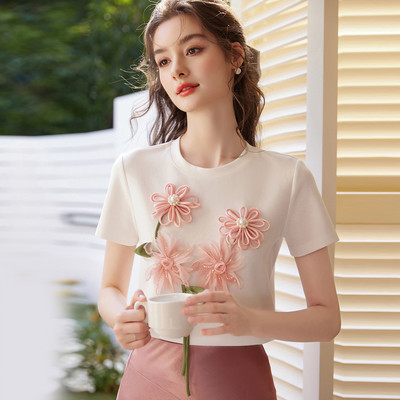 【晶晶姐妹专属】&白鹿语圆领T恤立体花装饰显瘦百搭上衣YU50206