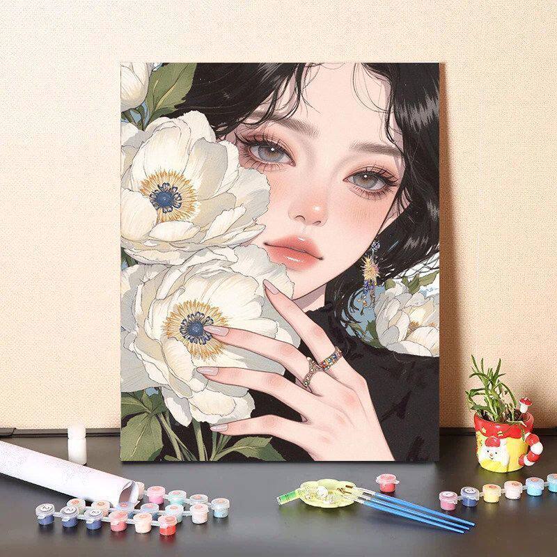 DIY数字油画粉黛花颜丙烯油彩填色画ins风治愈卧室墙面装饰画