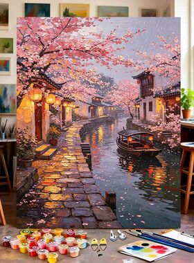 国风diy数字油画手工填色印象派风景油画治愈解压房间卧室装饰画