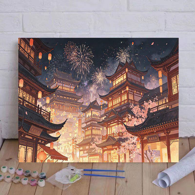 diy数字油画手工填色古风建筑DIY/数字油画