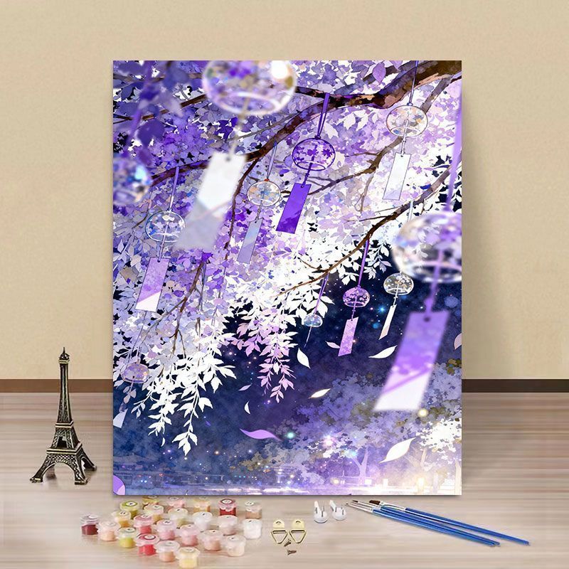 风铃送福diy数字油画手工填色紫色系油画治愈解压客厅古风装饰画