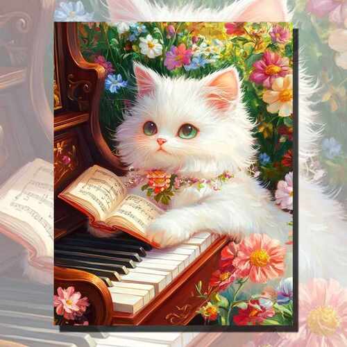 DIY数字油画彩花环绕小猫丙烯油彩填色画厚涂复古手绘装饰油画