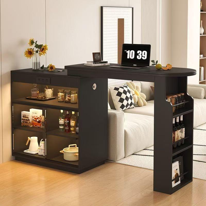 实木吧台隔断柜客厅抽拉式沙发旁吧台复古黑色收纳柜餐边柜带餐桌