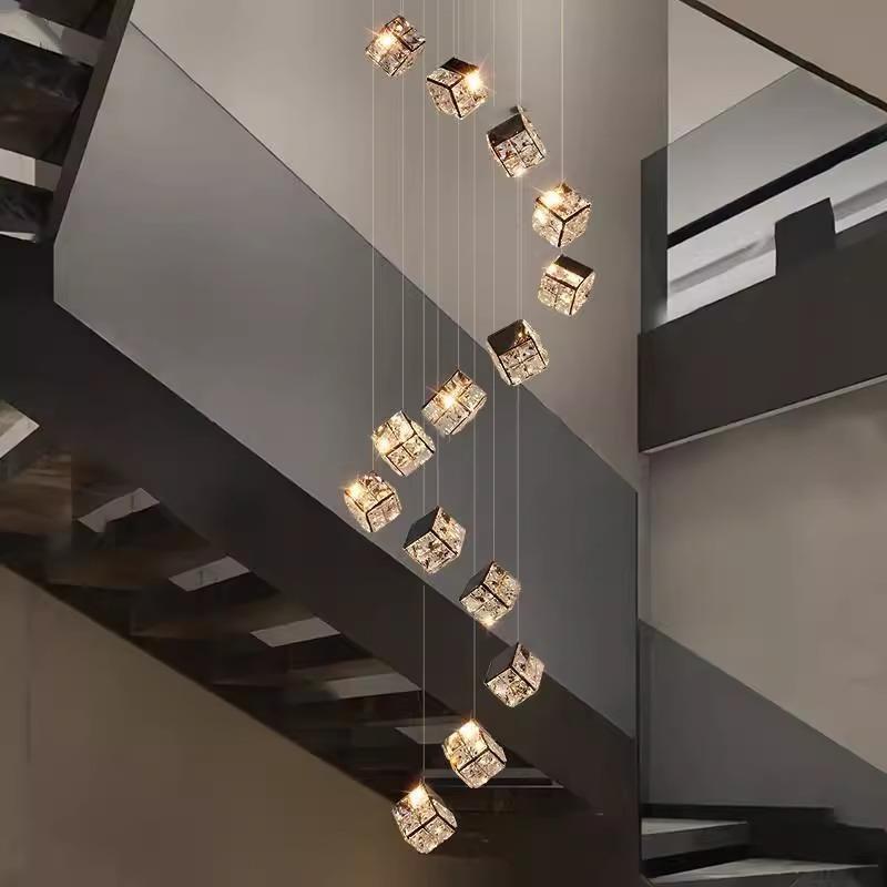 意式轻奢loft挑高楼梯间吊灯简约复式楼别墅客厅水晶旋转长线吊灯