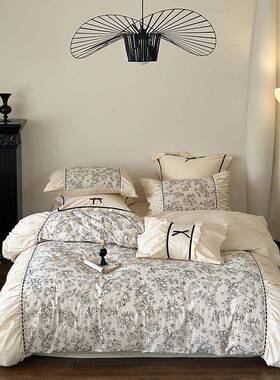 GGKG5Z主皱法式复古风褶花边春秋纯四件套床笠公风加厚被套色床单