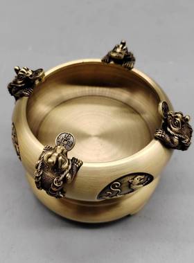 仿古做旧铜来摆件铜旋缸转BYH烟古灰缸创意摆件四方财烟灰玩收藏