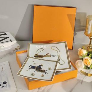 碎花马图&马缰绳西餐盘双盘四方盘四件套轻奢高档大金气栩栩如生