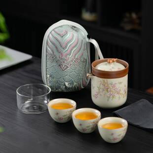 汝窑旅行茶具套装一壶三杯便携式快客杯户外露营泡茶壶茶杯子高档