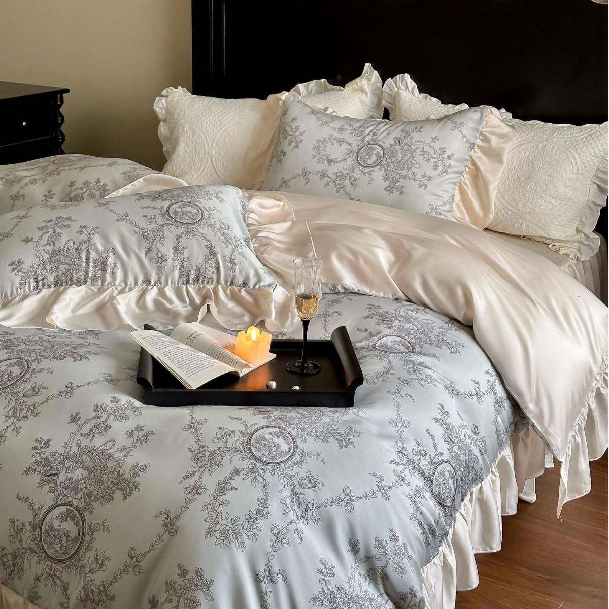 夏季萝蔓法式复古风花边天丝床上四件套凉感丝滑被套床单床裙少女