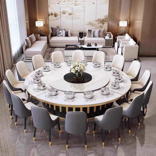 酒店电动餐桌大圆桌饭店包厢会所15/20人带电磁炉转盘岩板火锅桌