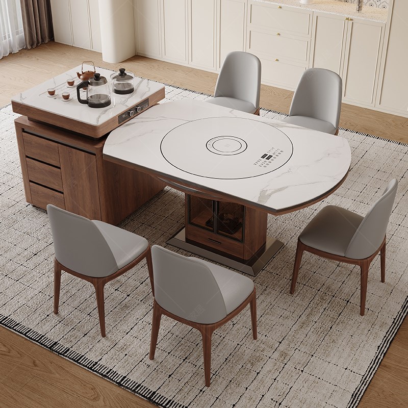 岩板岛台餐桌一体家用可分离中古风可伸缩多功能内嵌转盘带电磁炉