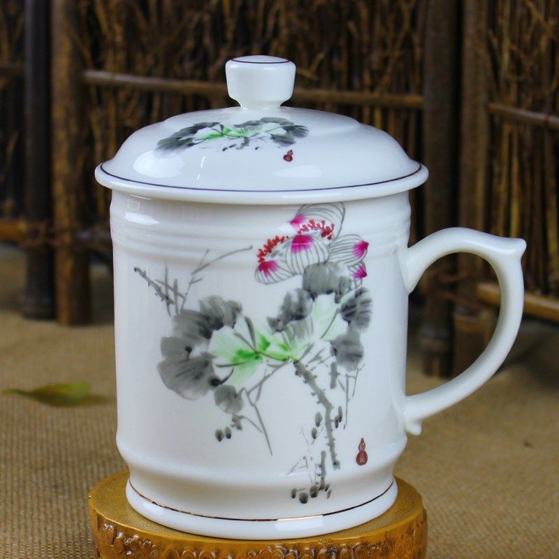 陶瓷办公杯大号双线茶杯带盖茶杯大容量水杯高温瓷办公用家用送人