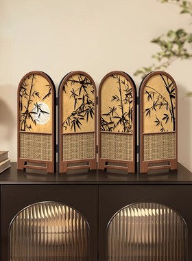 小屏风摆件中古风竹子新款桌面摆台画折叠折屏高级感电视柜装饰画