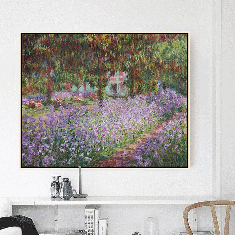 花园中鸢尾花 莫奈印刷喷绘仿制油画客厅卧室风景挂画背景装饰画