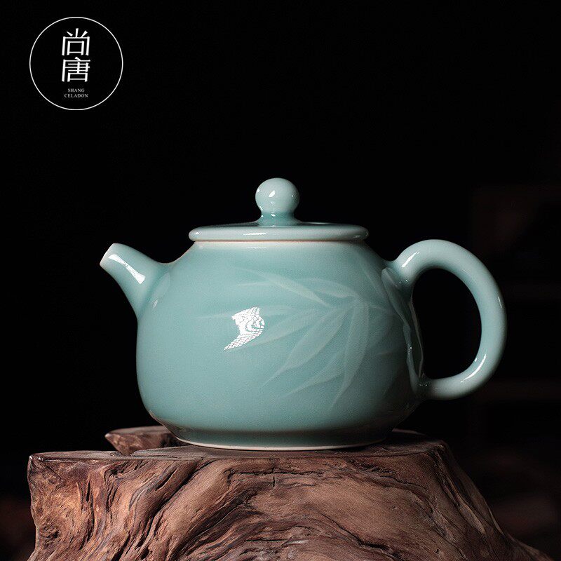 尚唐青瓷功夫茶壶家用陶瓷茶具中号手工泡茶壶球孔过滤刻竹子单壶