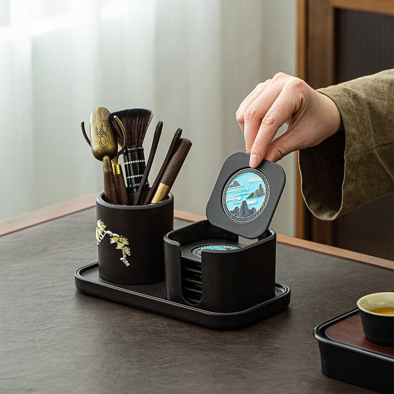 轻奢高档茶道六君子杯垫套装黑檀木茶具配件茶夹茶勺泡茶工具