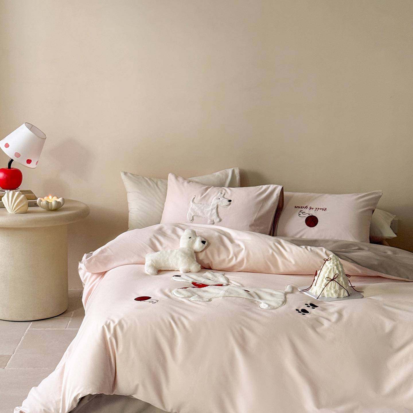 少女心100全棉磨毛四件套狗狗刺绣纯棉被套床单床上用品1.8m床笠