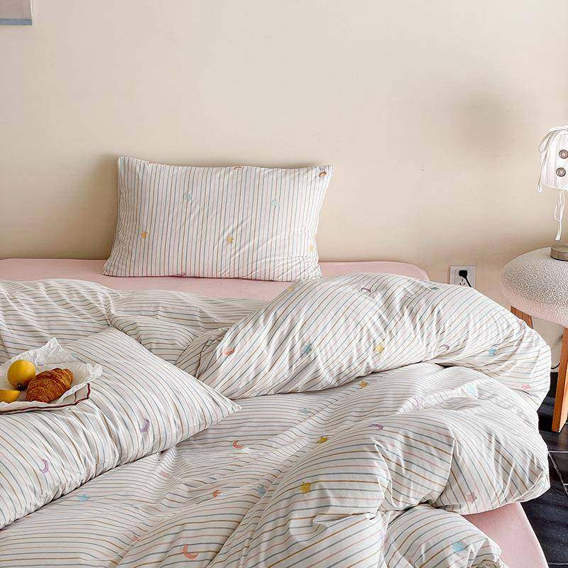 小清新全棉床单四件套纯棉超柔裸睡刺绣被套可爱针织棉床上用品