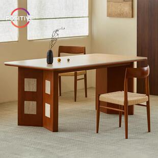 中古风洞石岩板实木餐桌法式复古风小户型长方形客厅饭桌