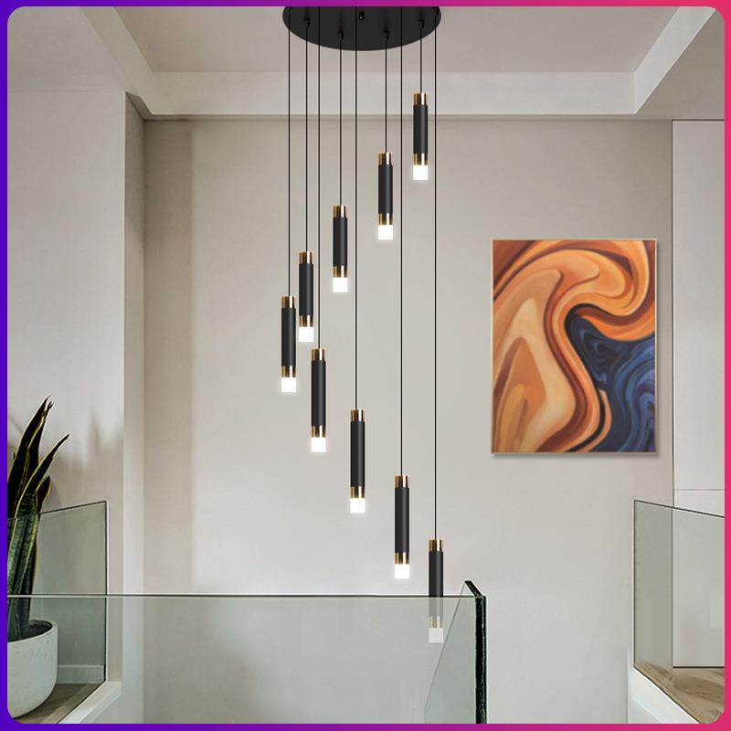 楼梯长吊灯后现代简约别墅轻奢客厅loft网简约旋转复式楼灯