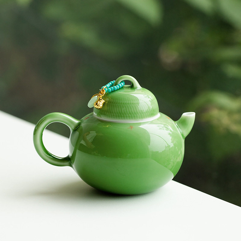 祖母绿陶瓷茶壶单个泡茶壶中式功夫茶具家用小瓷壶色釉茶壶带过滤