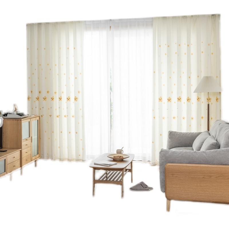 新款遮光布窗帘儿童男孩女孩卧室客厅笑脸星星卡通绣花丝绒麻布帘