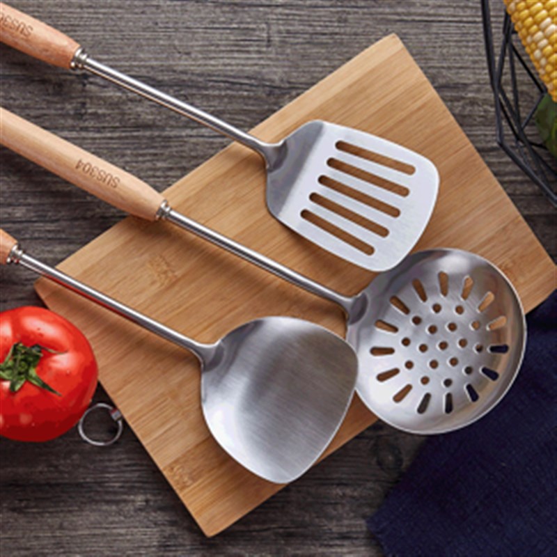 30不锈钢锅铲 榉木柄简约中式烹饪厨具五件漏铲鱼铲铲勺装