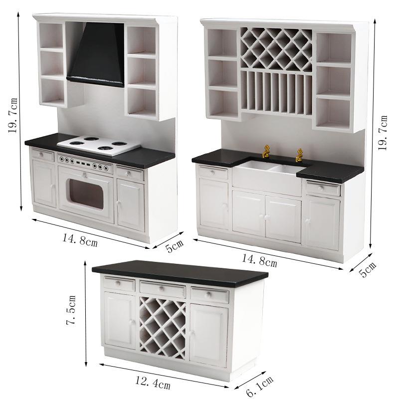 1:12娃娃屋dollhouse迷你家具现代厨房微场景白色厨房柜子三件套