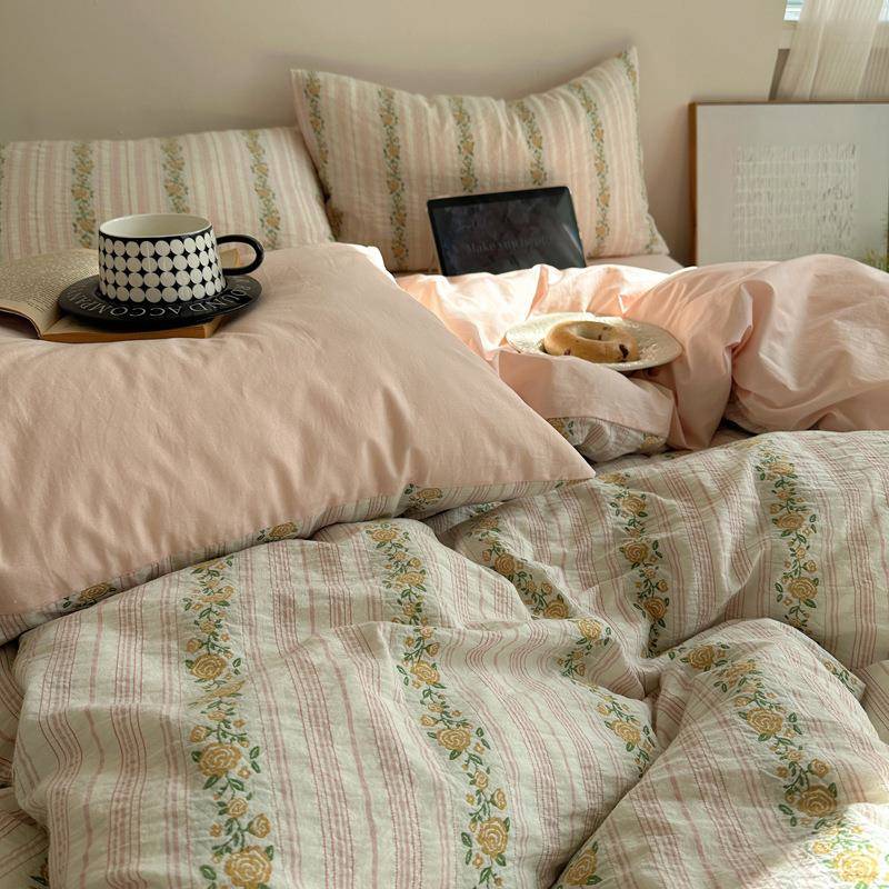 2025春新款韩系风全棉色织提花四件套家用床品加厚磨毛宿舍三件套