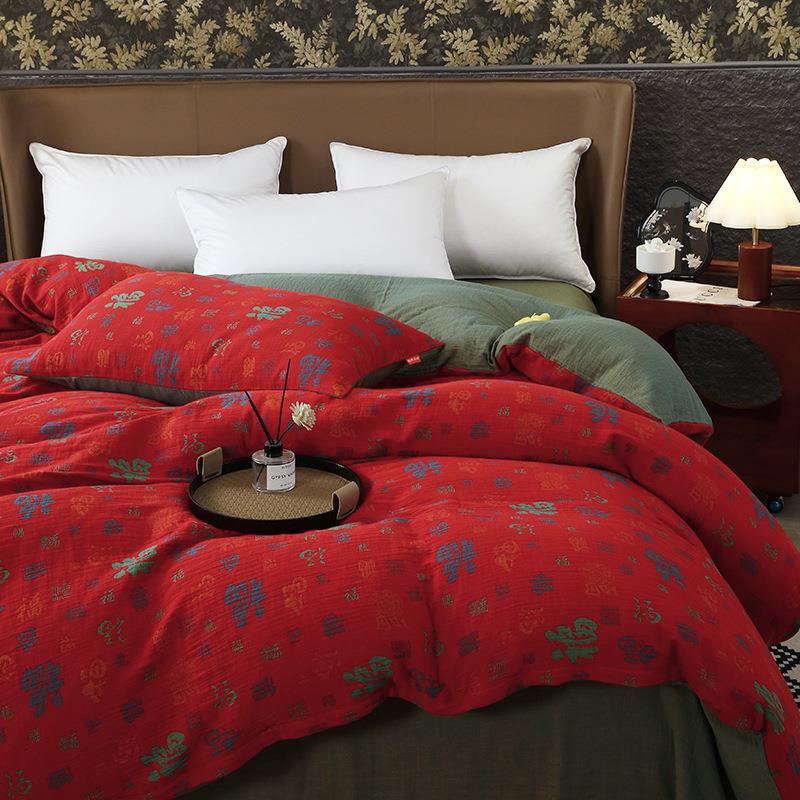 百福被中式婚庆全棉双层纱纯棉红色喜庆软糯单件被套被罩送礼