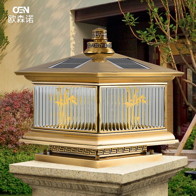 中式太阳能柱头灯户外防水门柱灯全铜庭院灯园林别墅两用围挡灯