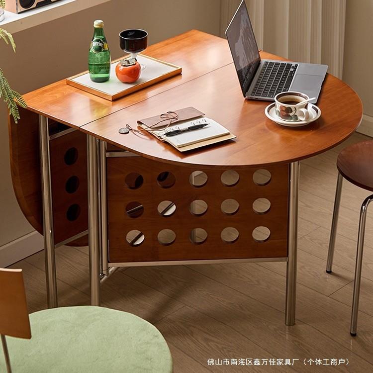 实木可折叠岩板餐桌椭圆形饭桌中古风家用小户型伸缩餐桌家用桌