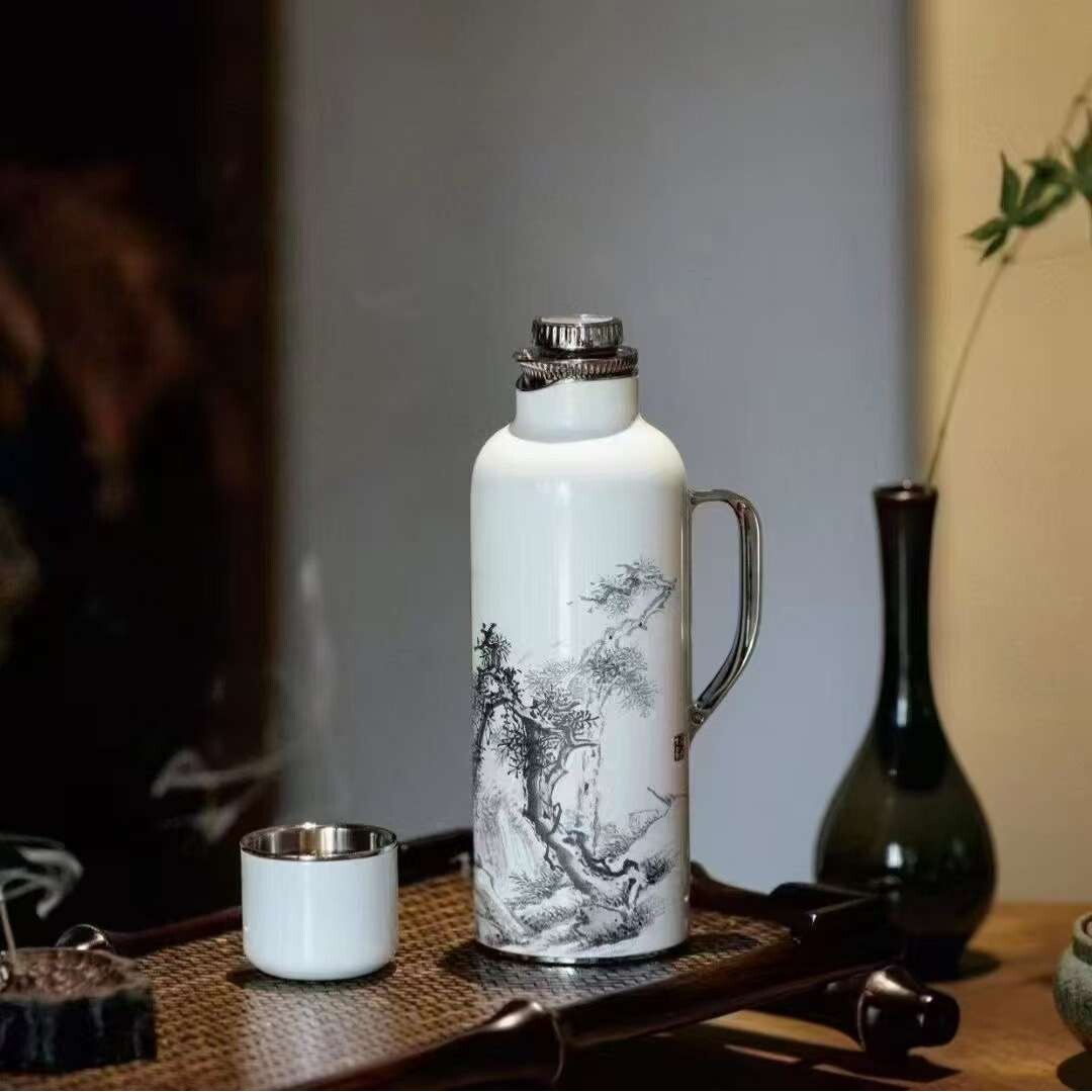 学古水墨松树传家壶迷你316不锈钢焖茶壶户外旅行便携保温瓶水壶