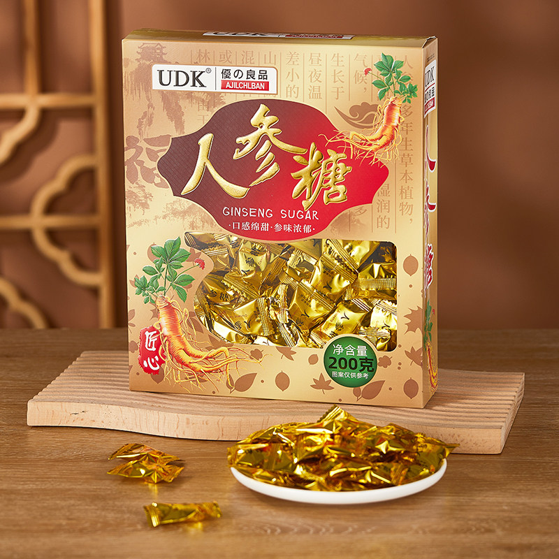 UDK优之良品人参花旗参糖礼盒装200g送礼结婚喜糖果