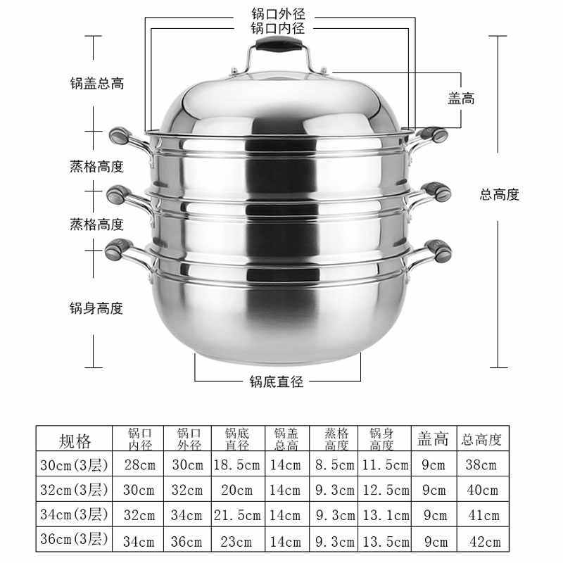 南惠复底不锈钢蒸锅三层蒸锅蒸锅3036cm不锈钢双层两层多层三层大