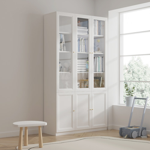 可比熊实木书柜带玻璃门家用书架置物架客厅落地储物柜防尘组合柜