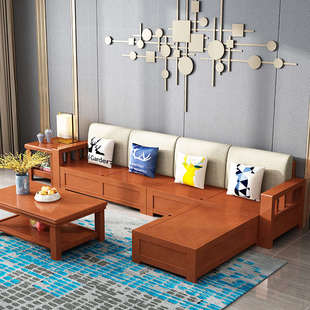 实木沙发组合冬夏两用客厅沙发新储L物贵妃艺转角中式布全木质型
