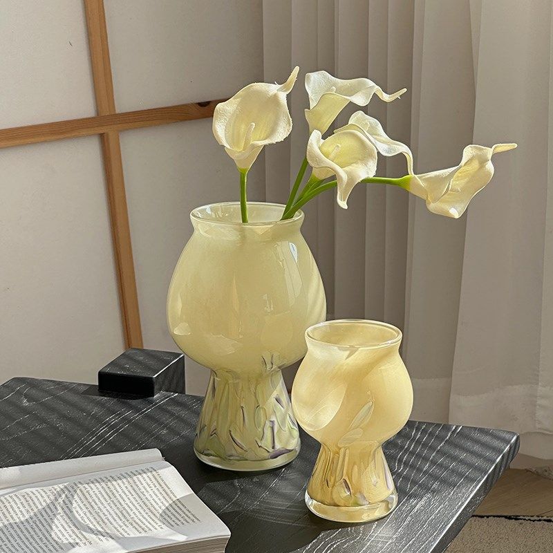 奶黄色玻璃花瓶花器家居插花装饰品摆件客厅桌面玄关水养