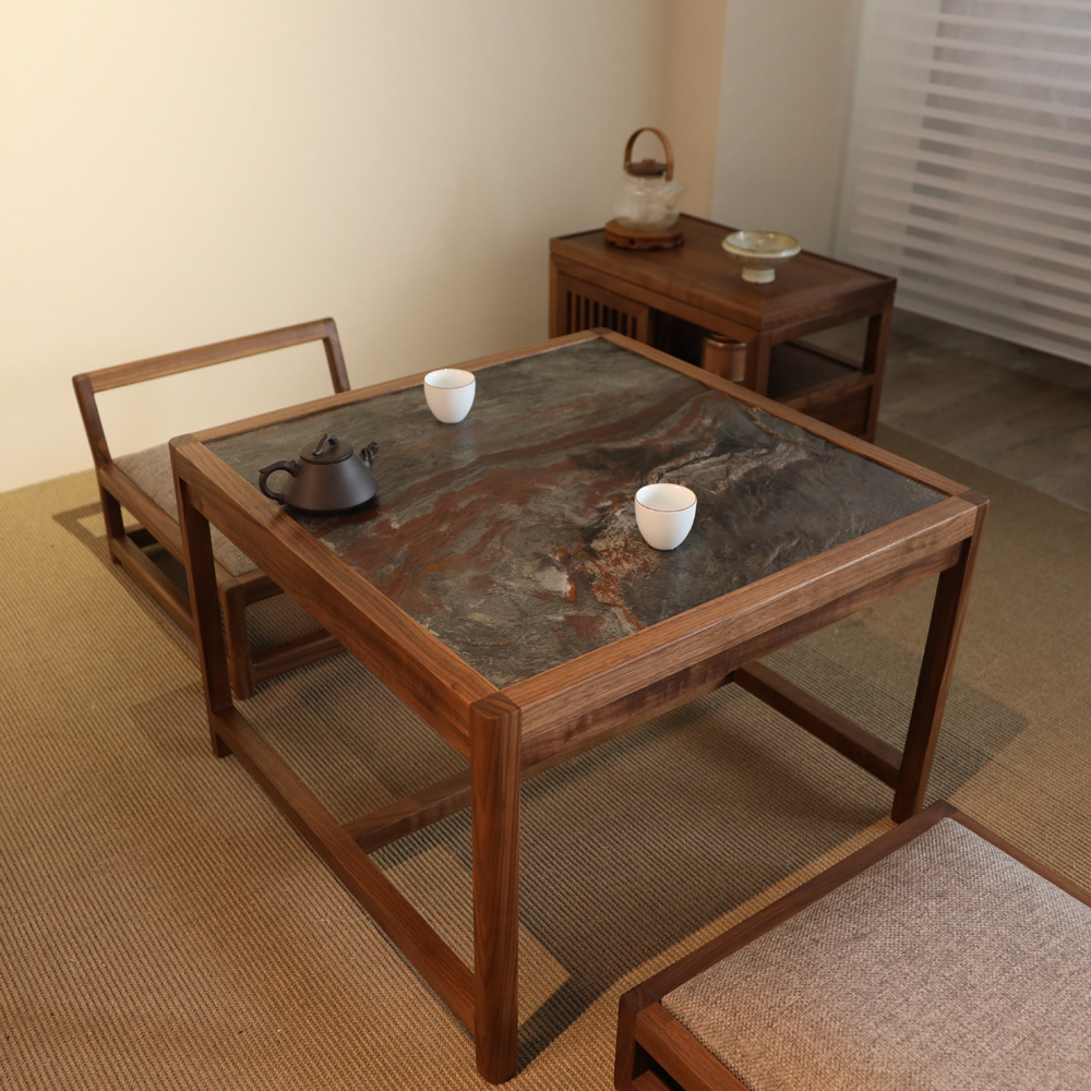 家用阳台双人茶桌椅组合黑胡桃实木简约现代正方形小户型石材茶台