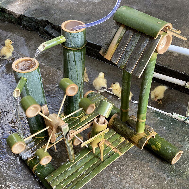 手工竹子做的玩具定制儿童竹水车戏水轮竹人推磨鱼缸造景增氧水车