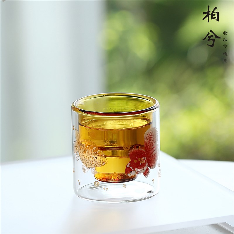 创意玻璃茶杯双层隔热金鱼图案透明茶具单杯品中式茶杯送礼家用