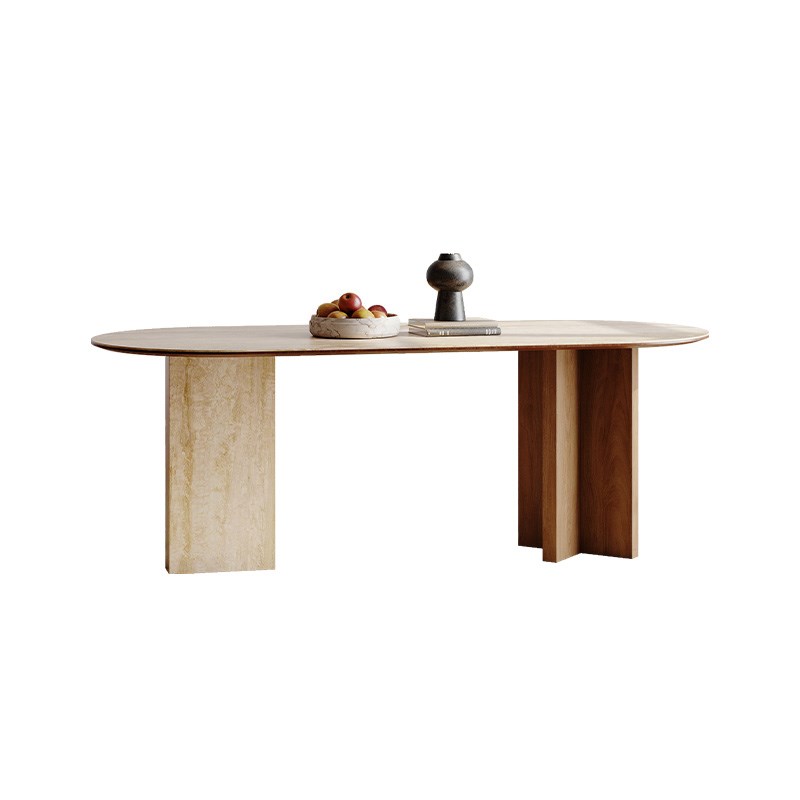 暮奢法式复古小户型椭圆洞石岩板餐桌椅简中古黑胡桃木设计师餐桌