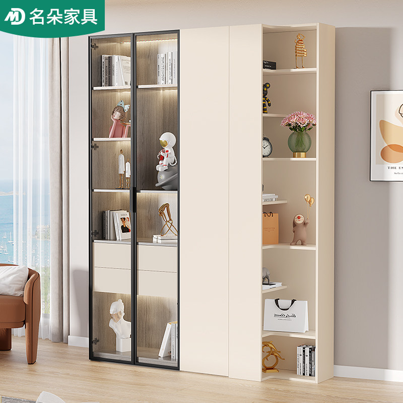 奶油风书柜书架一体组合整墙落地玻璃门学生家用客厅定制书橱5F59
