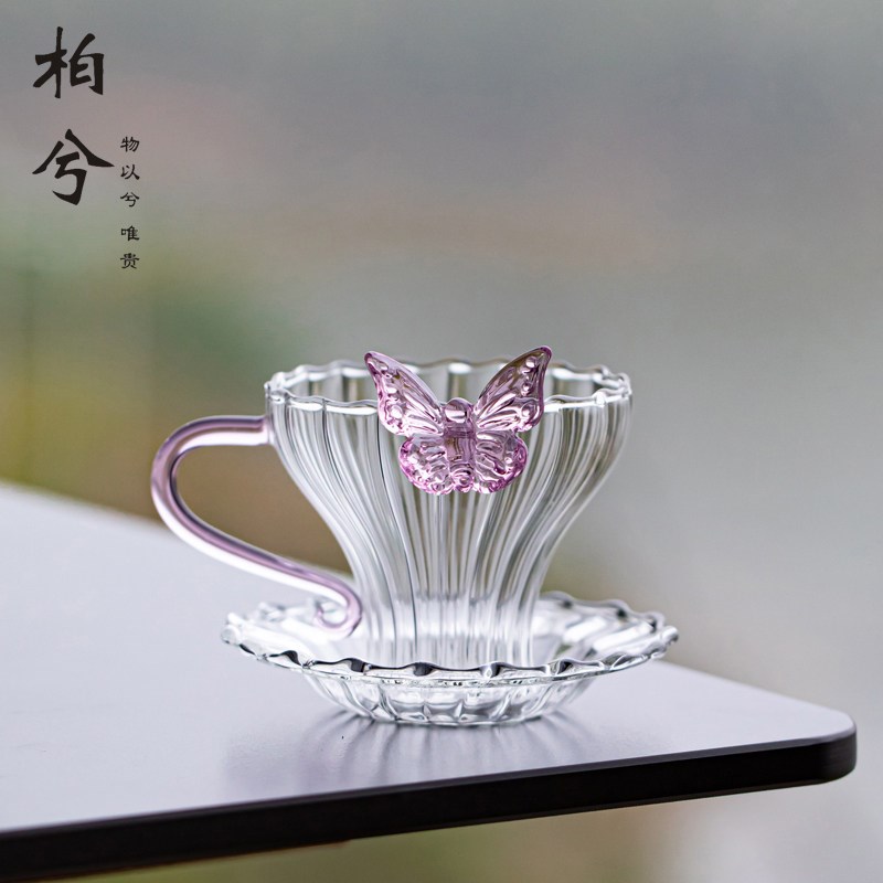 蝴蝶玻璃茶杯带把女士精致品茗杯功夫茶杯普带杯垫咖啡杯喝茶杯子