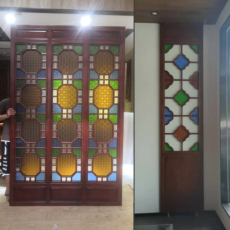 广式仿古西关满洲窗实木海棠彩色玻璃压花艺术琉璃岭南花窗门屏风
