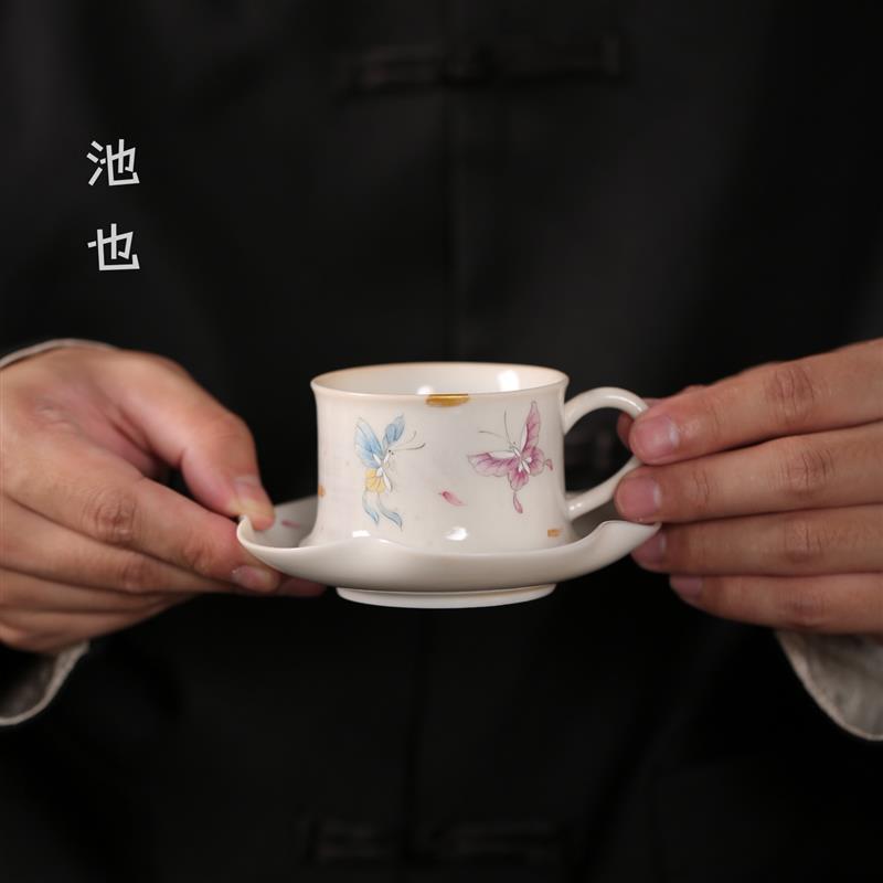 池也手绘蝴蝶陶瓷咖啡杯碟套装女士精致中式办公室下午茶个人杯