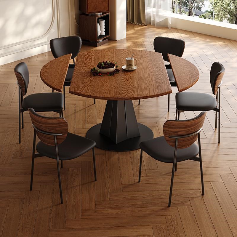 白蜡木纹可伸缩实木餐桌法式复古风折叠圆桌小户型中古风吃饭桌子